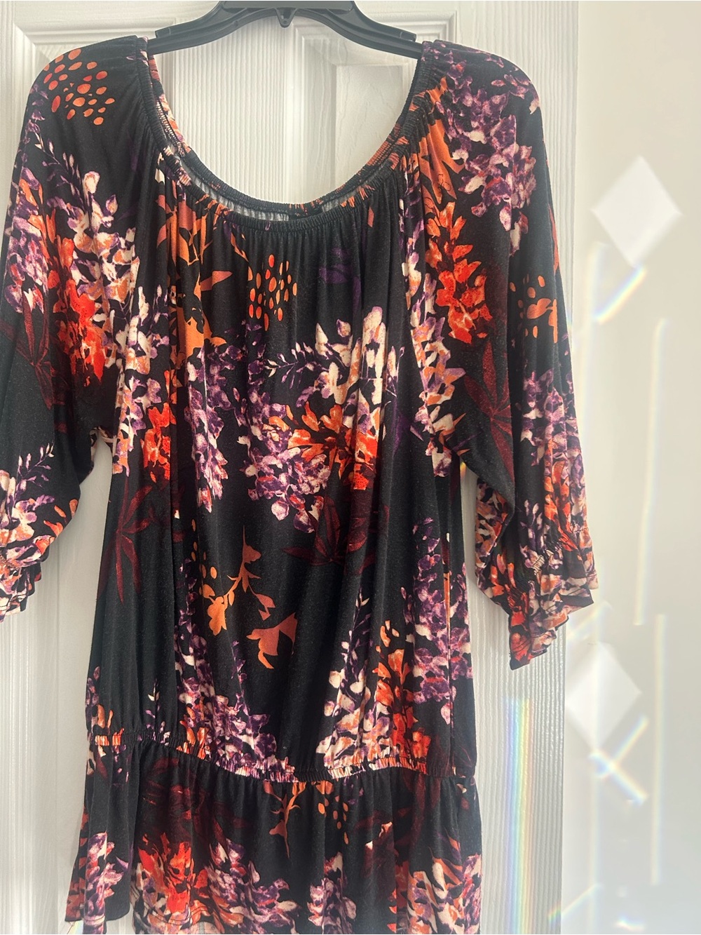 Floral Long-Sleeve Peasant Blouse with Orange & Purple Accents